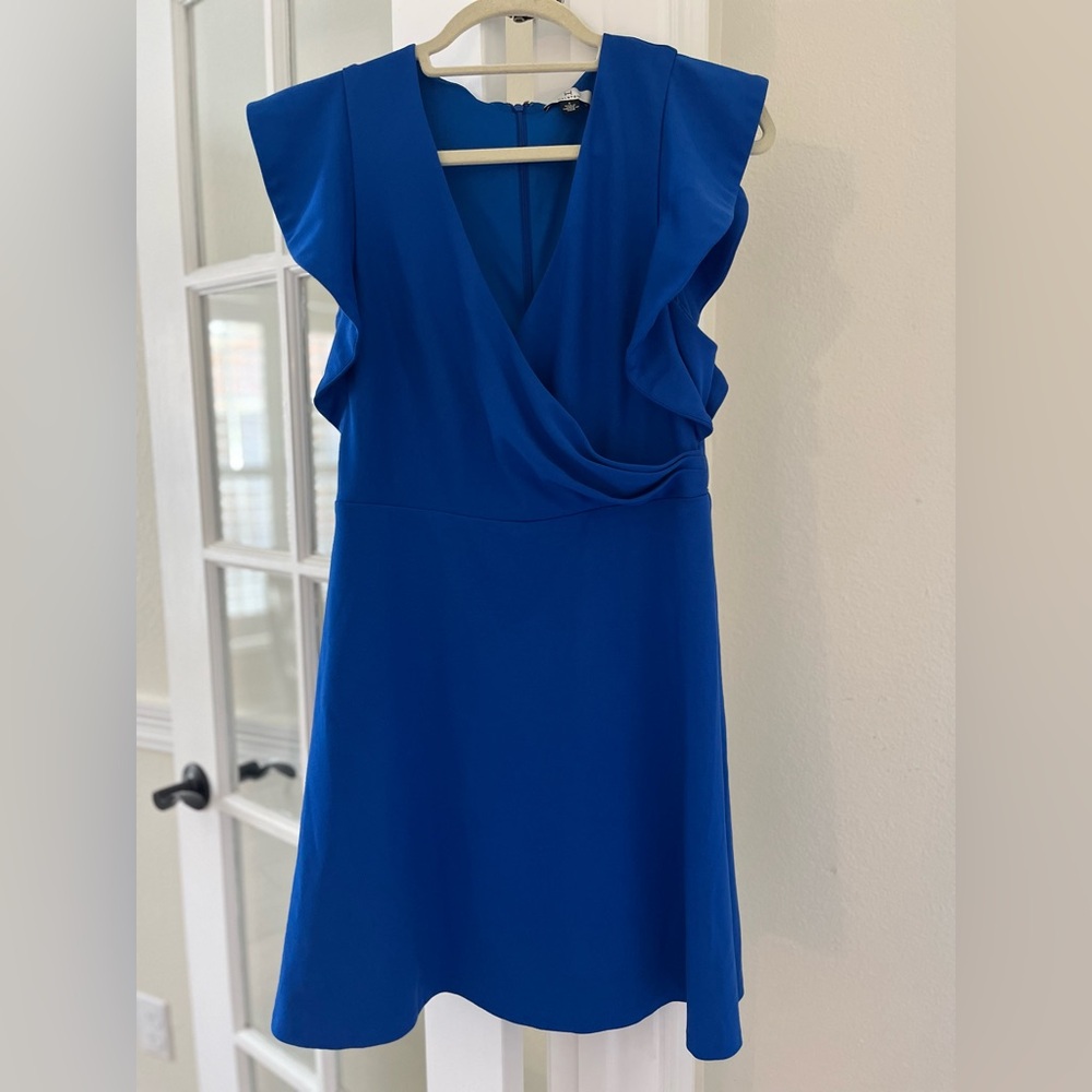 Royal blue Halston dress ruffle sleeve v neck